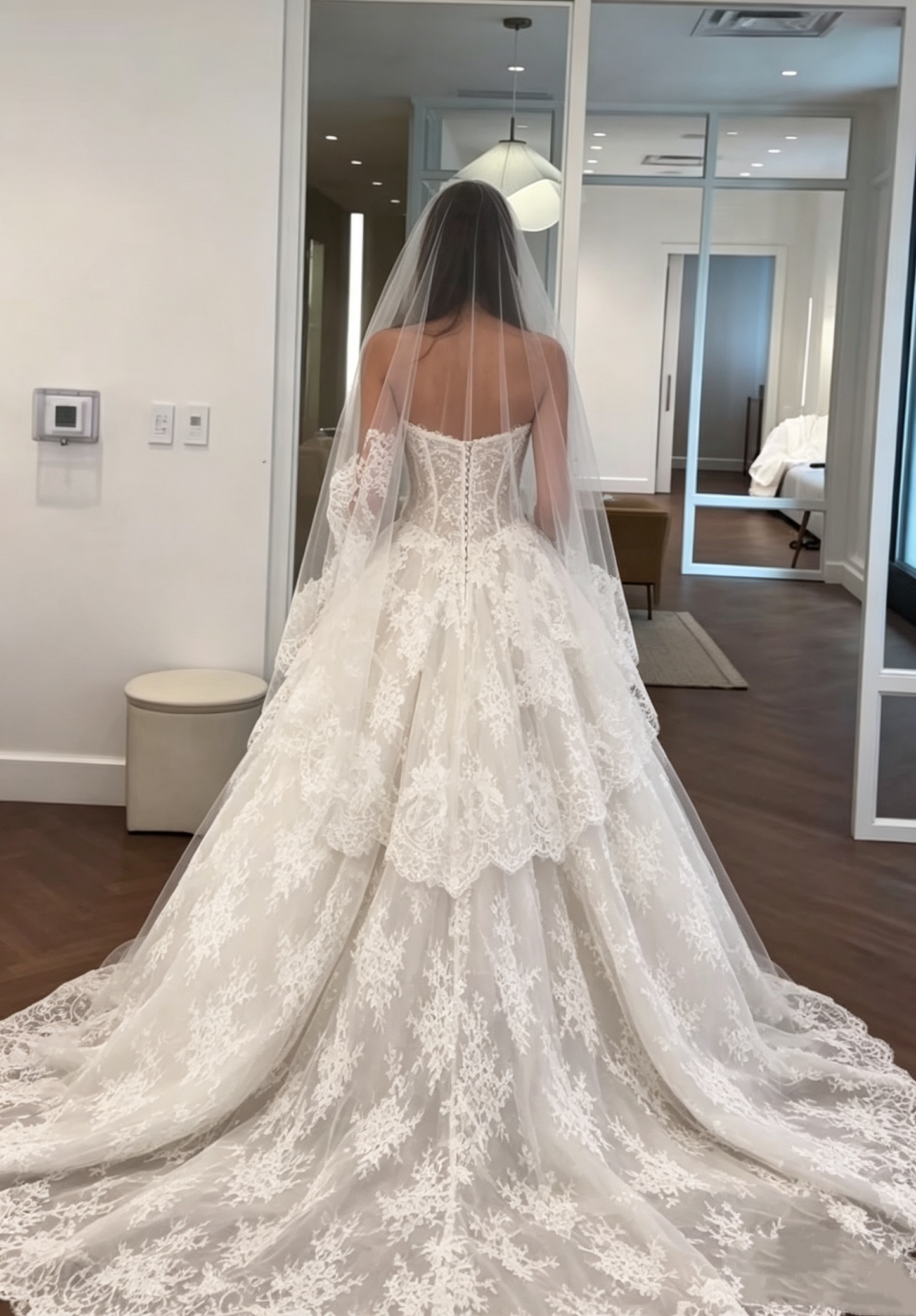 Romantic Strapless Sweetheart Lace Chapel Train A-Line Wedding Dress TP5996