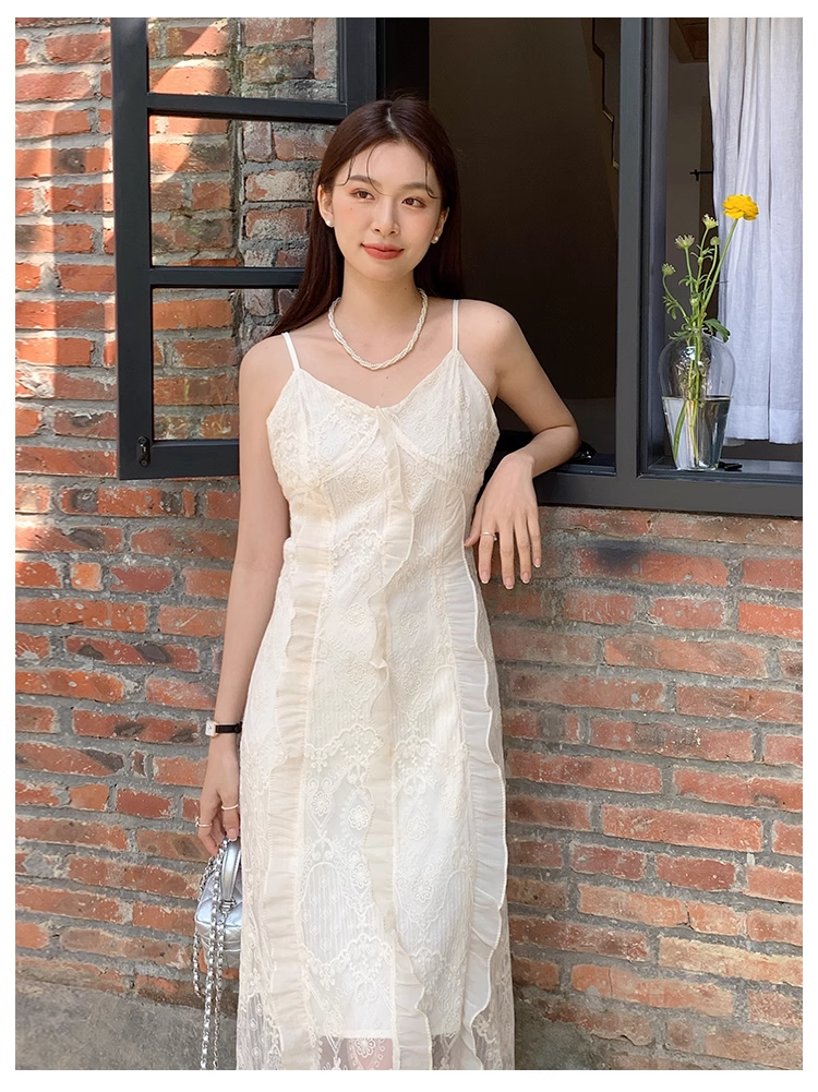 New Fashion White Floral Design Lace A-line V-neck Spaghetti Strap Dress TP3344