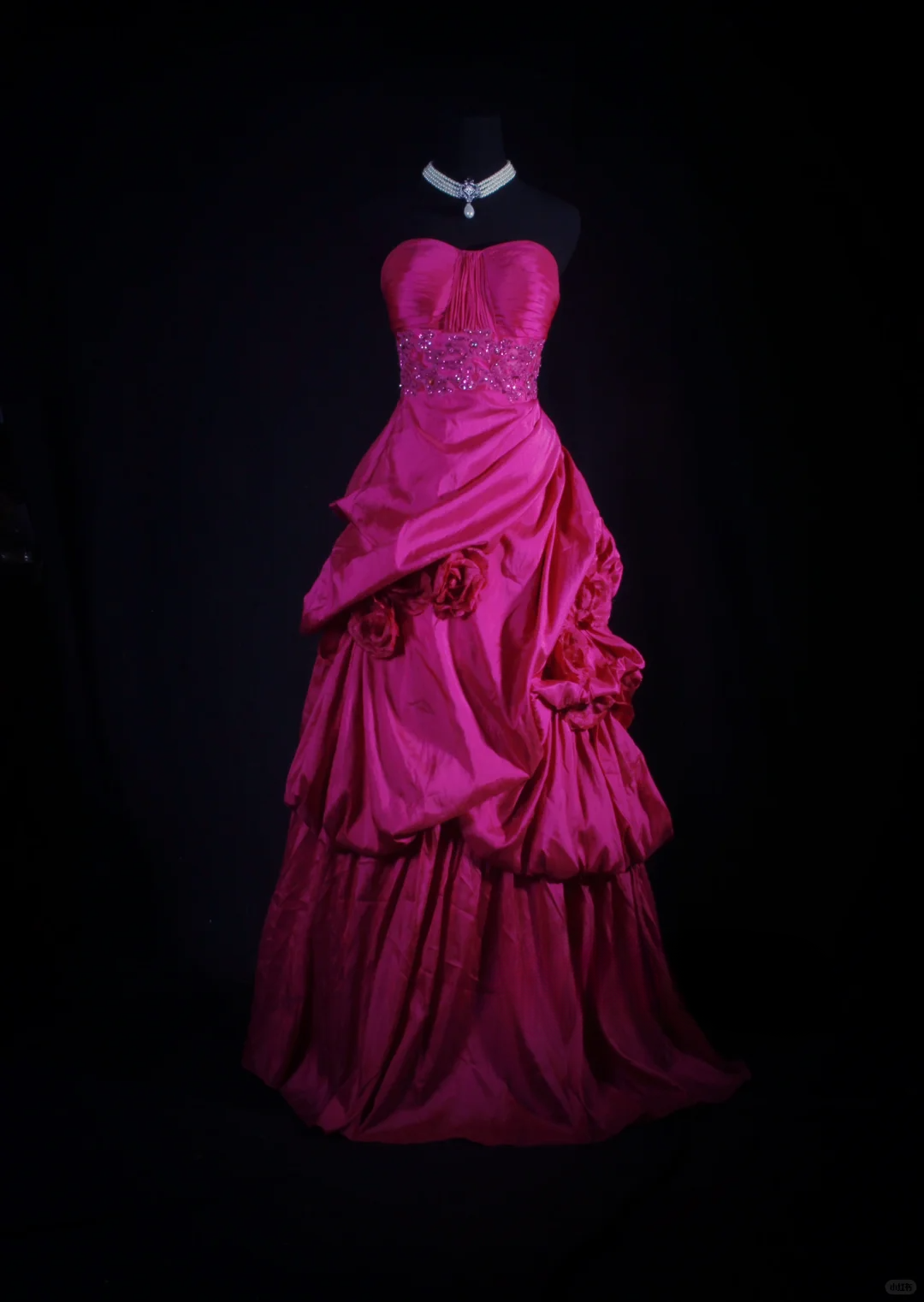 Vintage Fuchsia Strapless Satin Beaded 3D Rose Ruffled Evening Gown TP5417