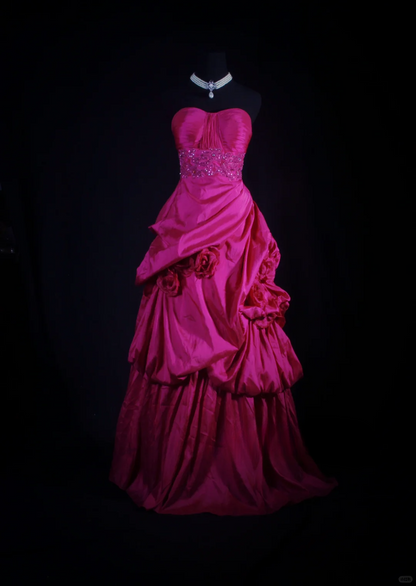 Vintage Fuchsia Strapless Satin Beaded 3D Rose Ruffled Evening Gown TP5417