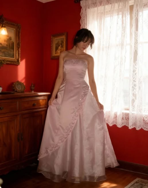 Glamorous Pink Strapless Satin Beaded Lace Trim Sweet 15 Quinceanera Ball Gown TP5804