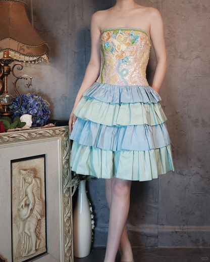 Retro Colorful Strapless Floral Design A-line Short Tiered Homecoming Dress TP4020