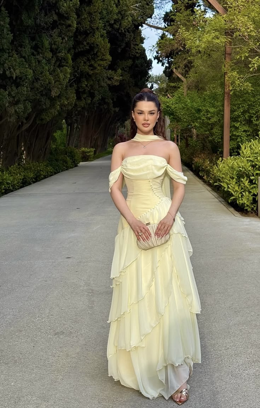 Vintage Pale Yellow Off-the-Shoulder Chiffon A-Line Tiered Ruffle Evening Gown TP5850