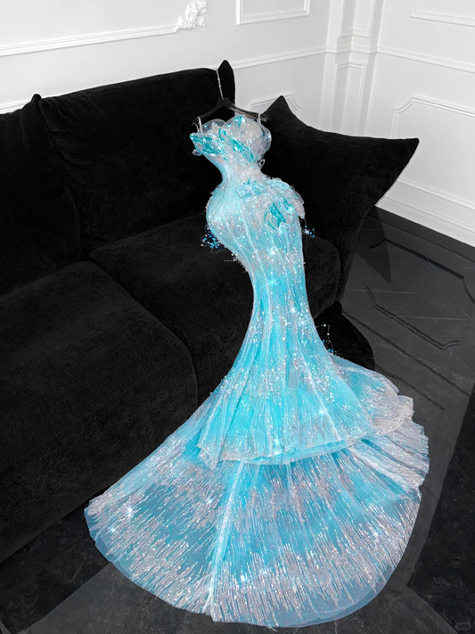 Gorgeous Sparkling Blue Beaded Sequin Mermaid Elegant Chiffon Tulle Evening Dress Prom Dresses TP4142