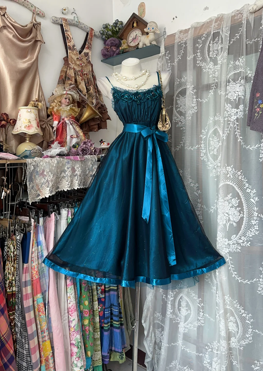Vintage Teal 3D Rose Lace Spaghetti Strap A-Line Sash Belt Homecoming Dress TP5860