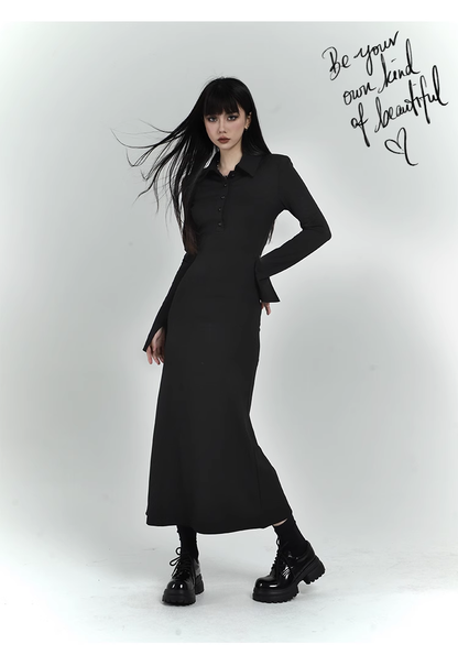 New Fashion Design POLO Style Women Black Long-sleeved Dress TP2937