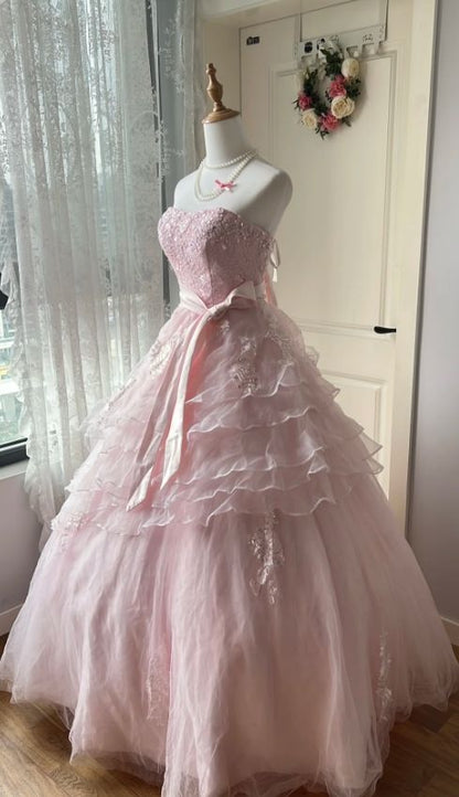 Vintage Pink Strapless Tiered Bow Sparkly Lace  Sweet 15 Quinceanera Ball Gown TP5756