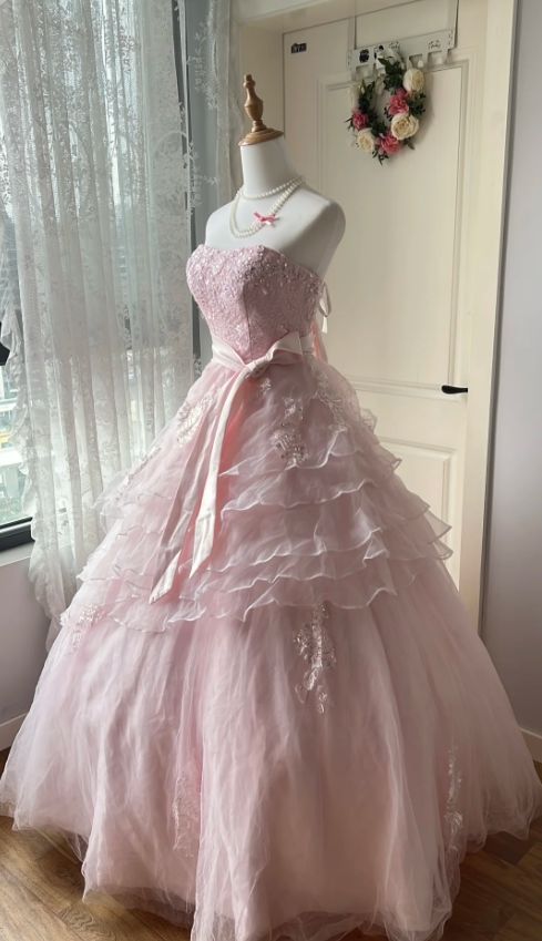 Vintage Pink Strapless Tiered Bow Sparkly Lace  Sweet 15 Quinceanera Ball Gown TP5756