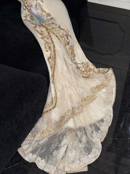 Sparkling Beige Beaded Sequined Design Elegant Mermaid Prom Dress Evening Dress TP4212