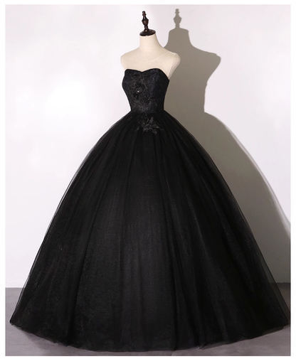 Vintage Black Applique A-Line Evening Gown Tulle Strapless Party Dress Long Formal Dress TP4951