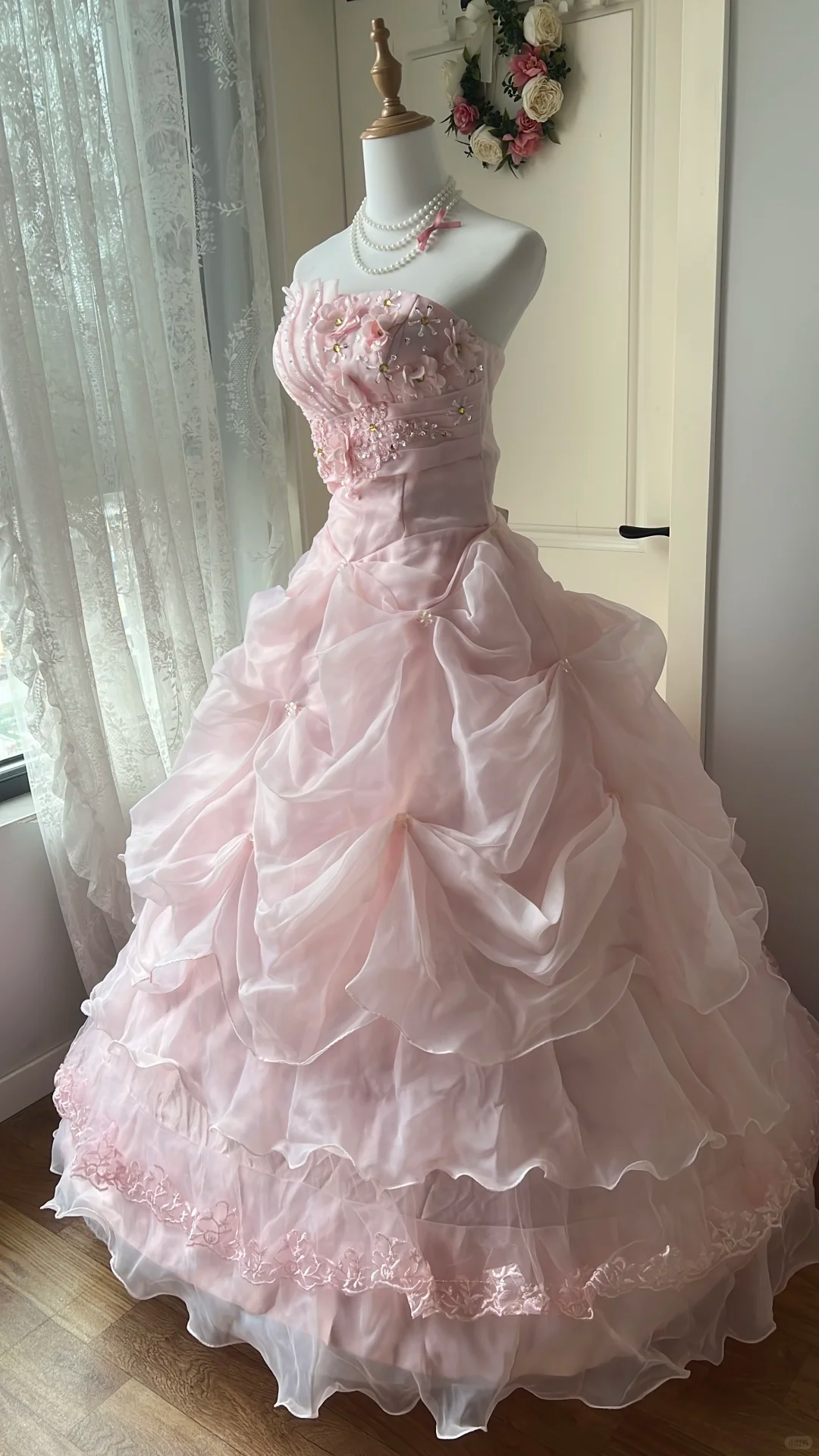 Glamorous Pink Strapless Floral Applique Lace Trim Sweet 15 Quinceanera Ball Gown TP5829