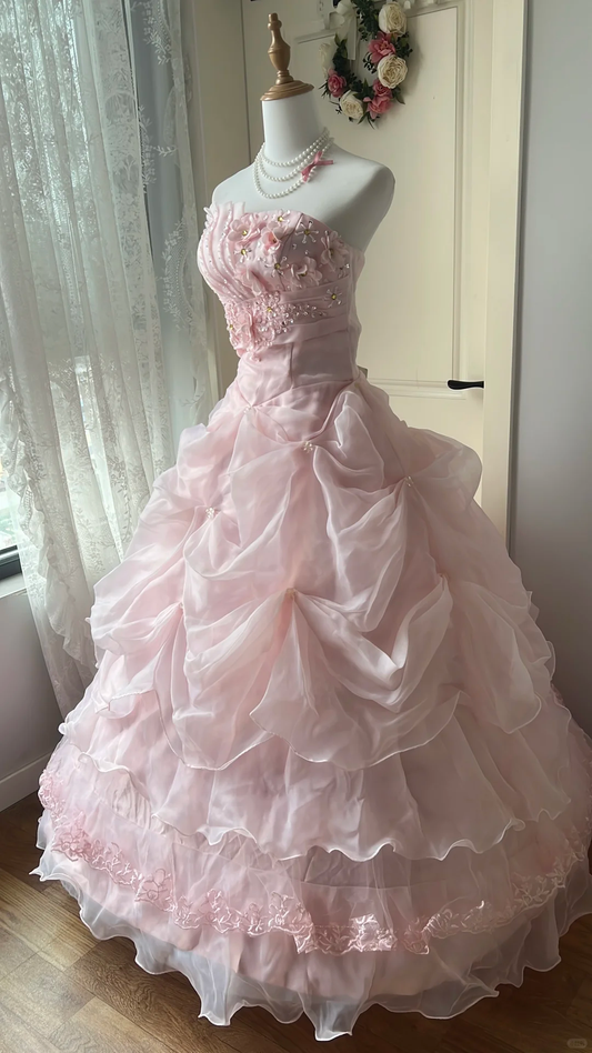 Glamorous Pink Strapless Floral Applique Lace Trim Sweet 15 Quinceanera Ball Gown TP5829