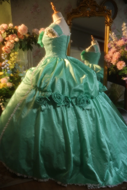 Vintage Turquoise Satin 3D Rose Applique Lace-Trimmed  Sweet 15 Quinceanera Ball Gown TP5513