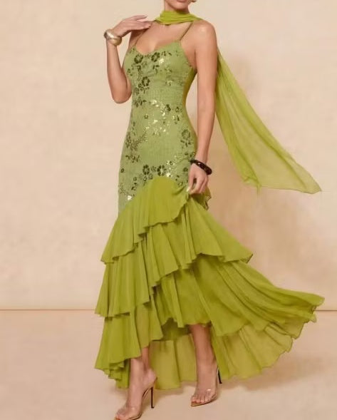 Vintage Olive Green Floral Sequin Spaghetti Strap Mermaid Tiered Matching Scarf Evening Gown TP5900