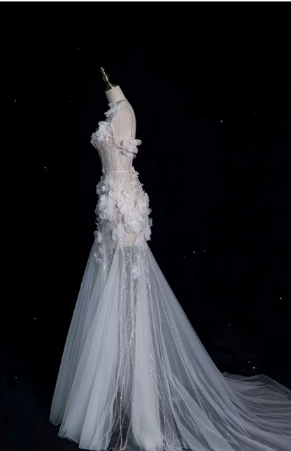 Romantic Mermaid 3D Floral Appliques Beaded Tulle Sweetheart Long Prom Dress TP6119
