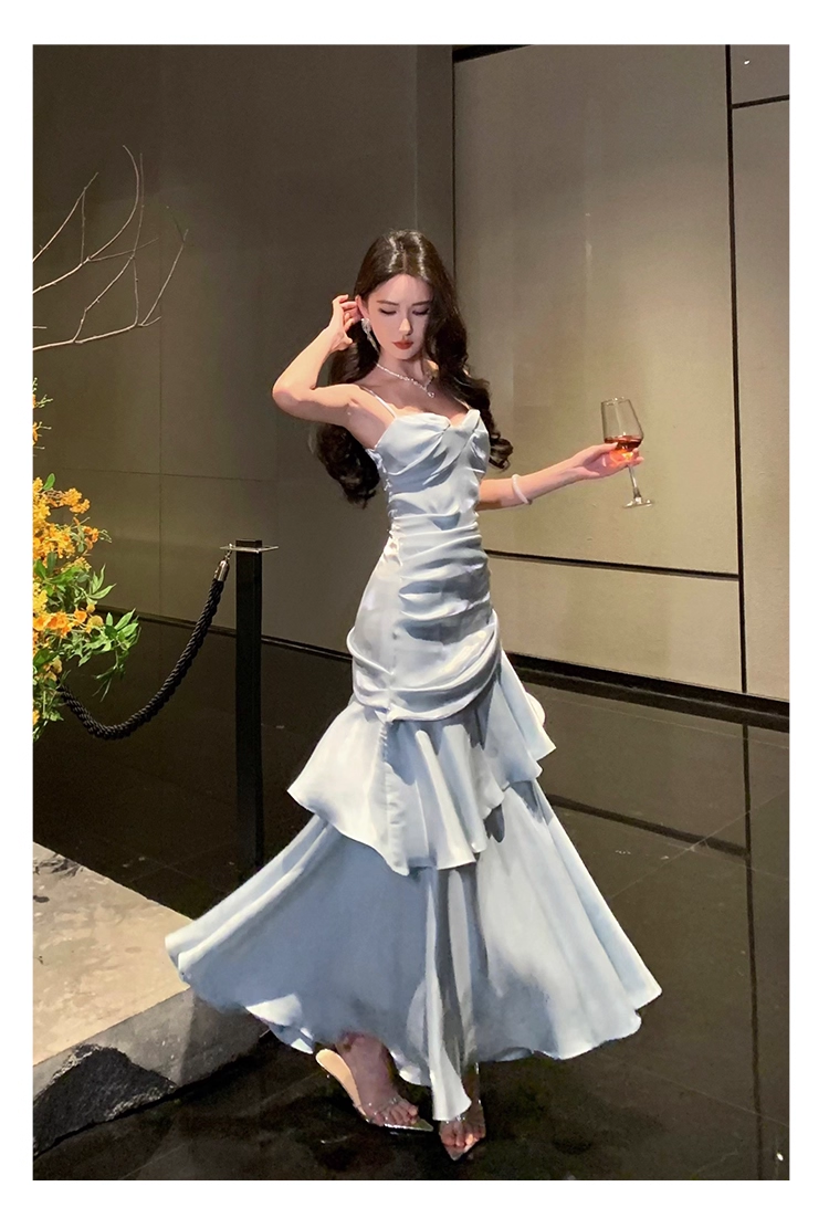 Vintage Blue Sweetheart Spaghetti Strap Mermaid Ruffled Hem Design Sexy Prom Dress Evening Dress TP4249