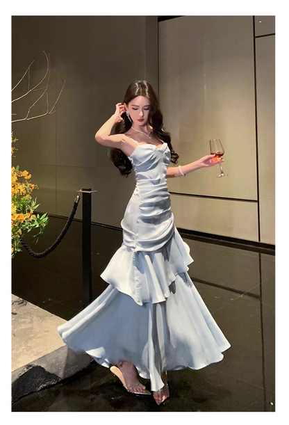 Vintage Blue Sweetheart Spaghetti Strap Mermaid Ruffled Hem Design Sexy Prom Dress Evening Dress TP4249
