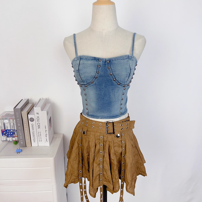 Vintage Irregular Ruffled Skirt Design A-line Casual Sleeveless Denim Vest A Two-piece Dress TP3256