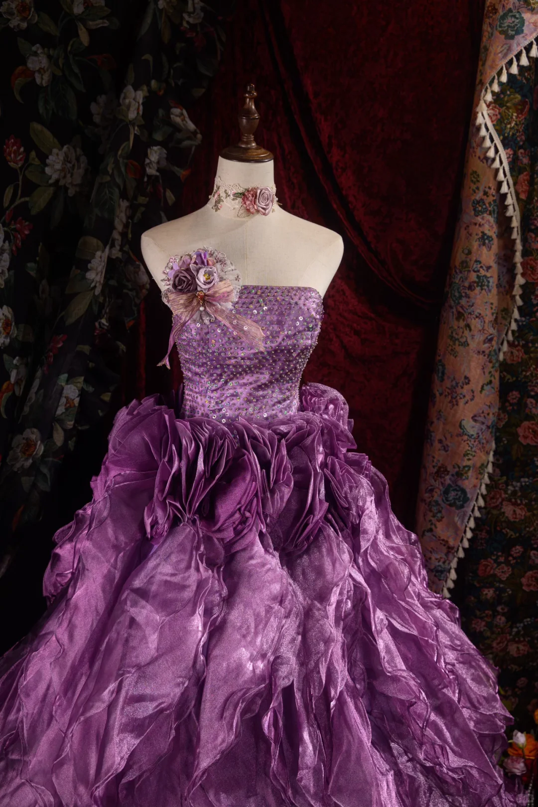 Vintage-Inspired Purple Sequin Strapless A-Line Floral Embellished Strapless Ruffled Ball Gown TP5111