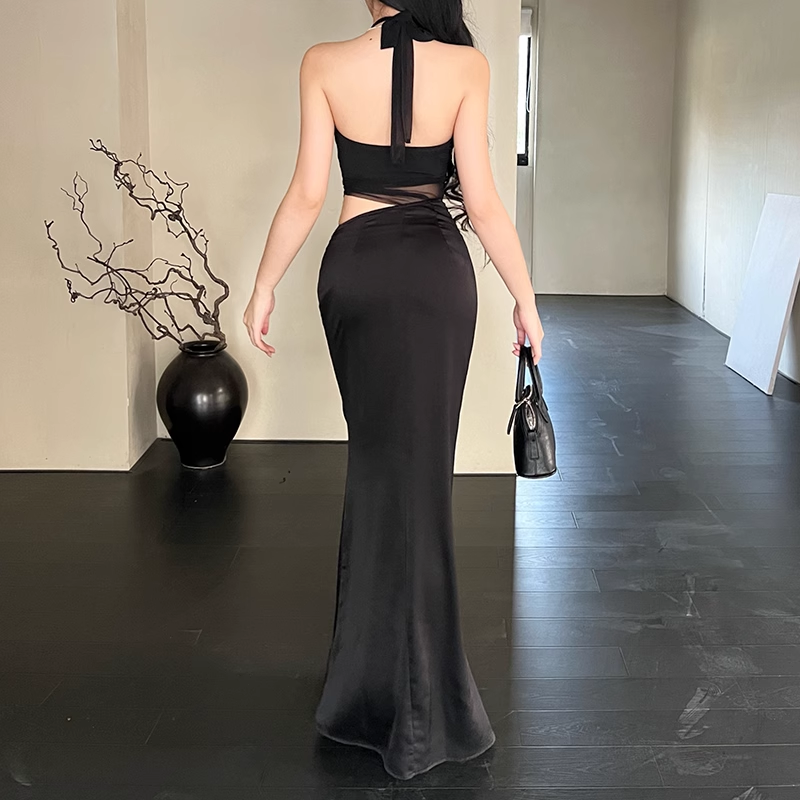 Women New Fashion Black Gauze Satin Halter Dress TP2869