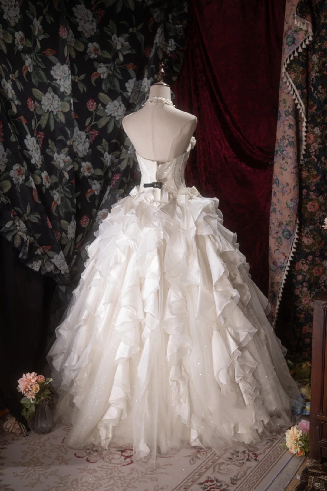Vintage Strapless Ivory Ruffled Wedding Dress Satin Tulle Bridal Gown TP5790