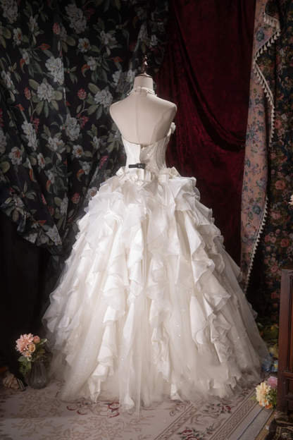 Vintage Strapless Ivory Ruffled Wedding Dress Satin Tulle Bridal Gown TP5790