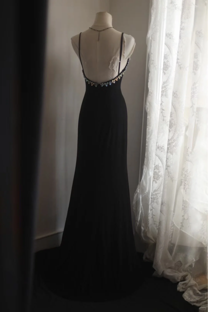 Vintage Black Mermaid Spaghetti Strap Evening Gown Beaded Sweetheart Prom Dress TP5646