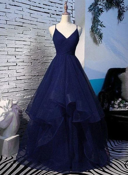 Beautiful Navy Blue Tulle V-neckline Spaghetti Straps A-Line Ball Gown TP02