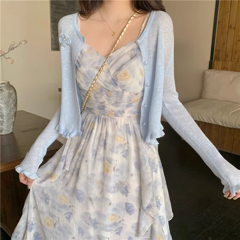 New Fashion Elegant Floral Chiffon Spaghetti Strap Dress TP2991