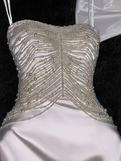 Elegant Ivory Sweetheart Satin Beaded Design Gorgeous Mermaid Floor-length Wedding Dress TP4169