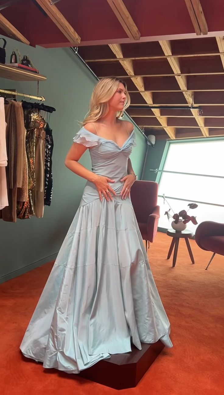 Elegant Light Blue Off-the-Shoulder Ruffled Prom Dress Evening Gown TP5730