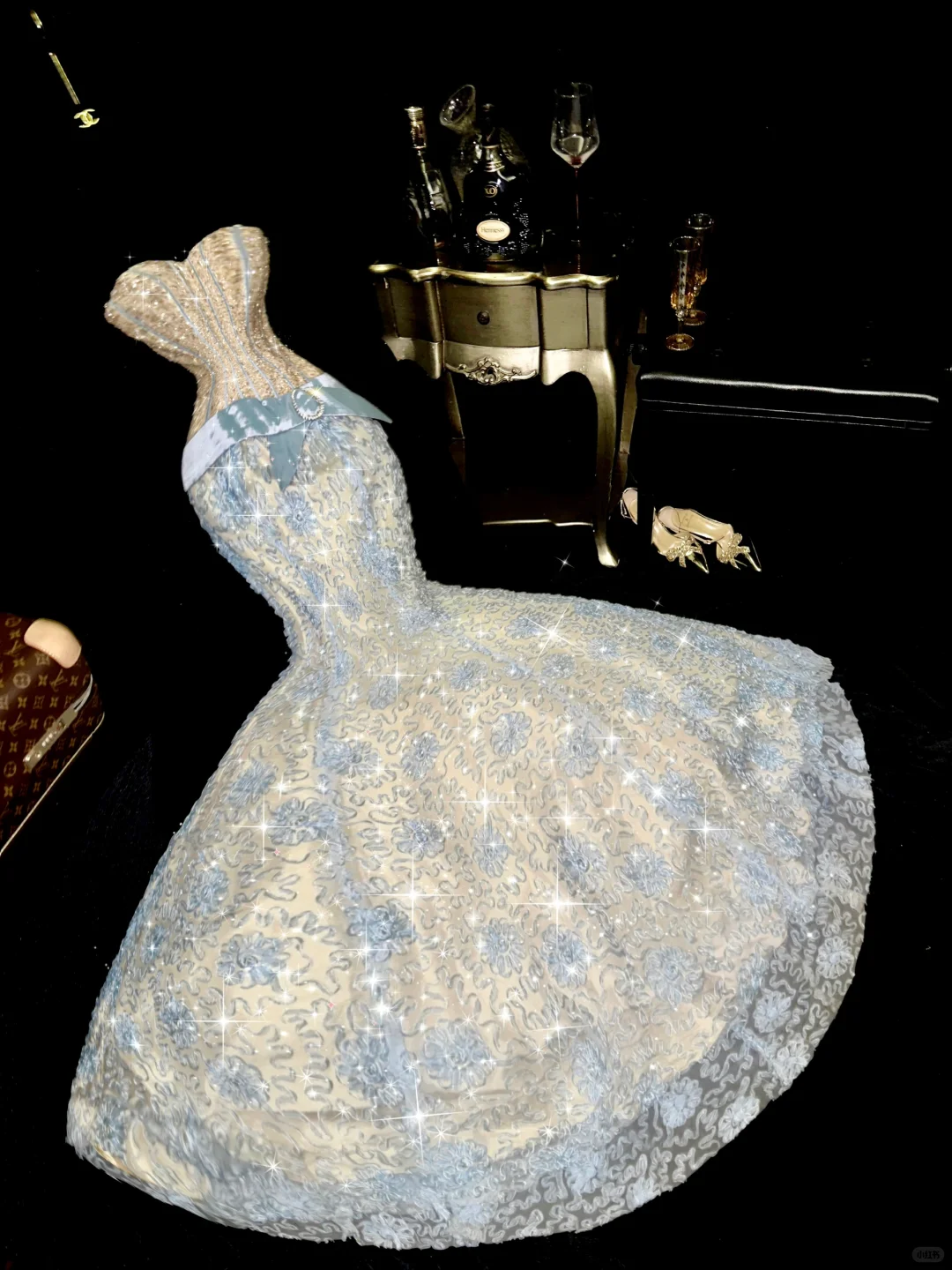 Glamorous Pale Blue & Ivory Sparkle Beaded Embroidery Sweetheart Strapless Mermaid Evening Gown TP5376