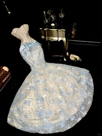 Glamorous Pale Blue & Ivory Sparkle Beaded Embroidery Sweetheart Strapless Mermaid Evening Gown TP5376