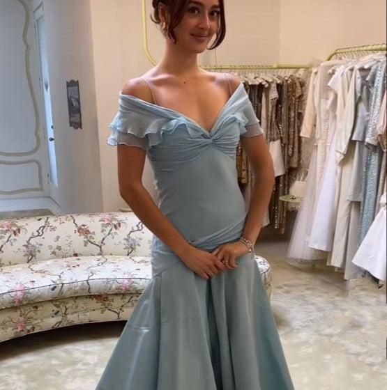 Elegant Light Blue Off-the-Shoulder Ruffled Prom Dress Evening Gown TP5730