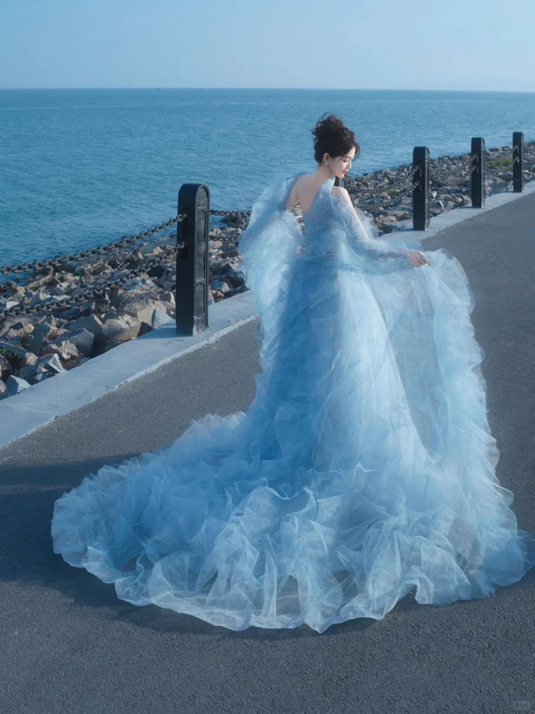 Glamorous Light Blue Strapless Sparkle Tulle Ruffled Cape Sweet 15 Quinceanera Ball Gown TP5426