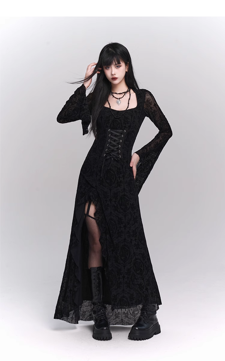 New Gothic Style Fashion Bell Sleeve Design Sense Long-sleeved Split Dress TP2931