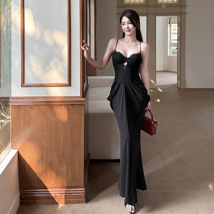 Enchanting Black Sweetheart Spaghetti Strap Pleated Mermaid Prom Dress Evening Dress TP4349