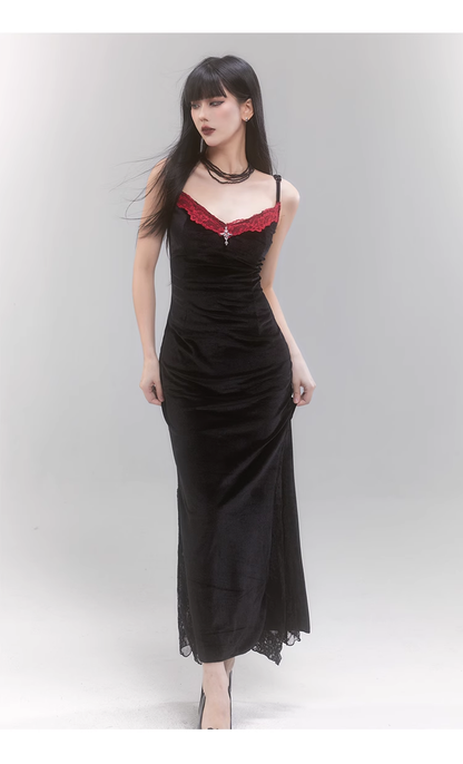 Simple Fashion Black Velvet Red Lace Spaghetti Strap Dress TP2956