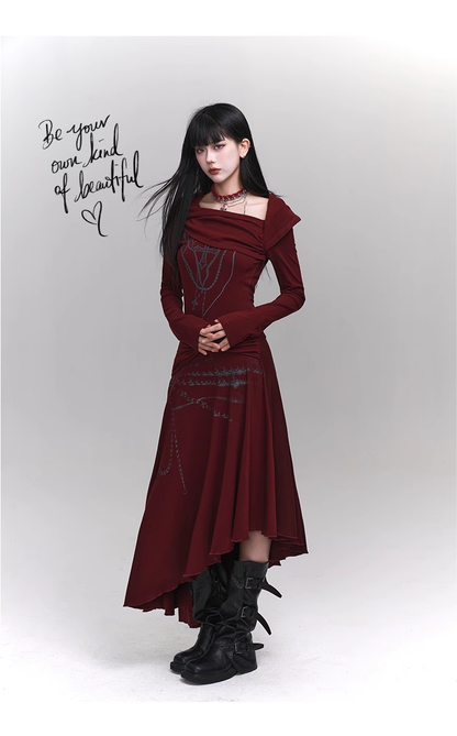 New Fashion Irregular Hemline Design Red Long-sleeved Dress TP2941