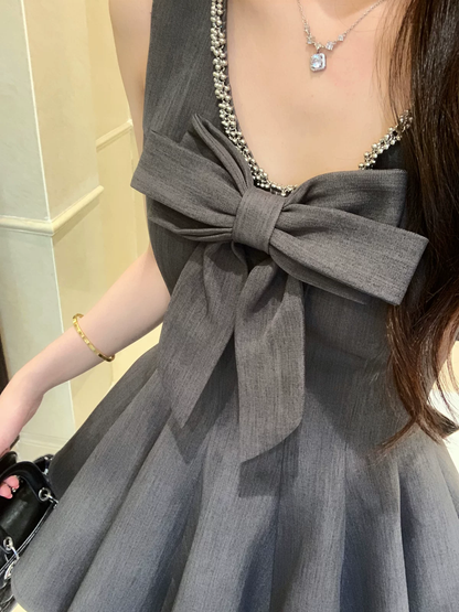 Vintage Grey Bow Sleeveless Rhinestone V-Neck A-Line Homecoming Dress TP6069