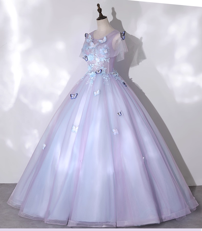Chic Lilac 3D Butterflies Applique A-Line Short-sleeved Tulle Long Quinceanera Ball Gown TP5216