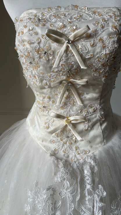 Vintage Strapless White Lace & Bow Glitter Tulle Formal Wedding Dress TP5836