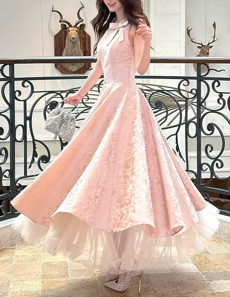 Vintage Jacquard A-Line Sleeveless Bow Floor Length Evening Gown TP6080