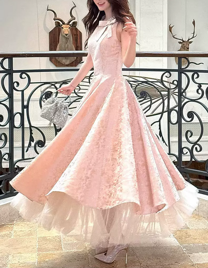 Vintage Jacquard A-Line Sleeveless Bow Floor Length Evening Gown TP6080