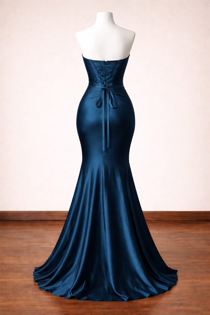 Vintage Teal Satin Strapless Sweetheart Mermaid Beaded Prom Dress TP5865