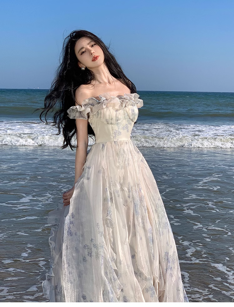 New Fashion Women Floral Falbala Design A-Line Beach Holiday Spaghetti Strap Dress TP3085