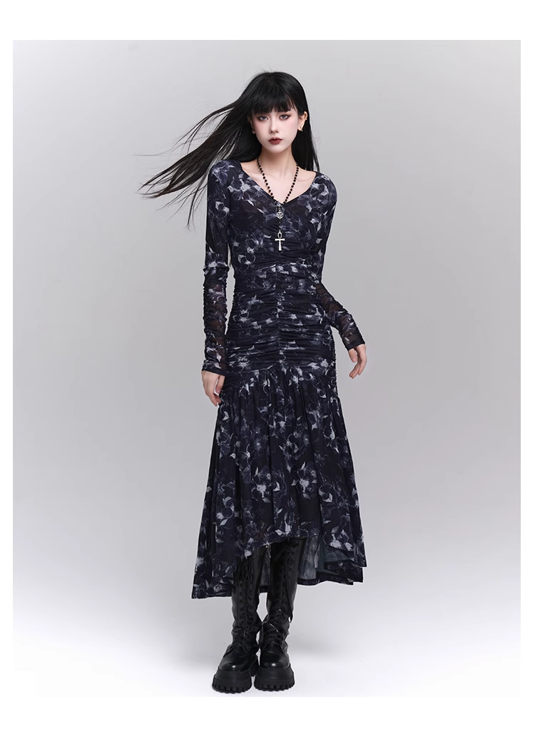 New Fashion Design Floral Pattern Women Long-sleeved Dress TP2946