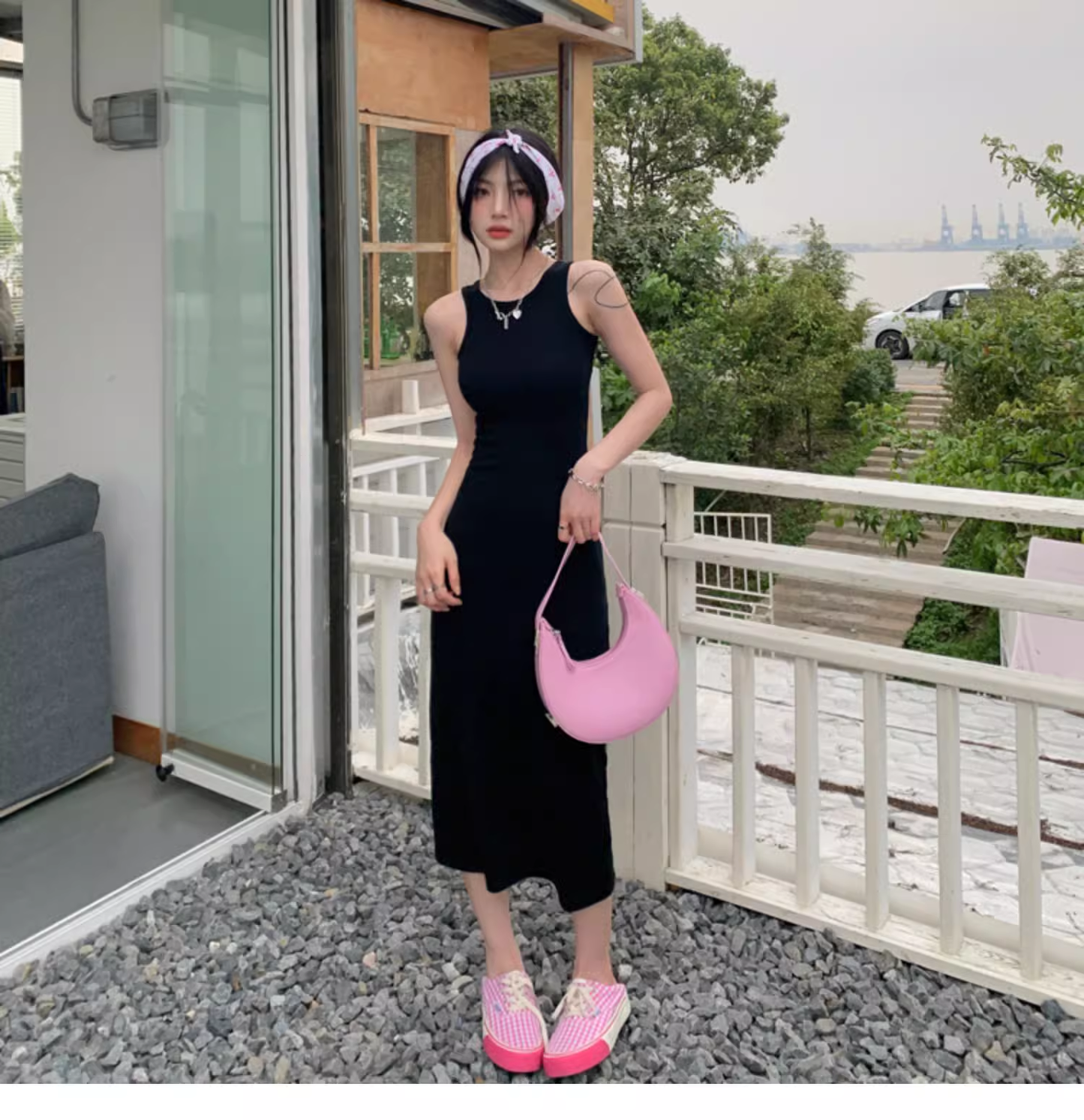 Simple Women Fashion Gray Black Halter Dress TP2988