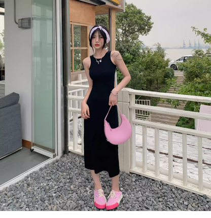 Simple Women Fashion Gray Black Halter Dress TP2988