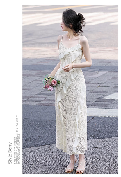 Vintage Fashion Beige Irregular Ruffled Hem Design Elegant A-line Spaghetti Strap Dress TP3354